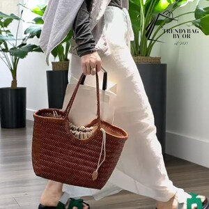 Geflochtene Leder Tragetasche mit Canvas-Beutel | Braune geflochtene Handtasche | Französischer Warenkorb Stil Sommer Strandtasche 2025