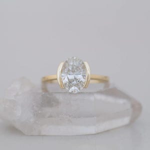 Half Bezel Engagement Ring, Solitaire Oval Diamond Ring, 925 Silver Yellow Gold Oval Ring, Anniversary Ring for Women, Personalized Gift