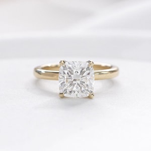 Cushion Cut Lab Grown Diamond Ring: 14K Yellow Gold Solitaire