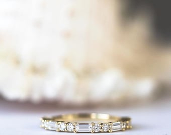Baguette & Round Cut Simulated Diamond Sterling Silver Wedding Band