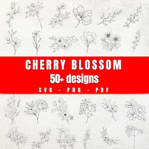Pacchetto di illustrazioni floreali di fiori di ciliegio / Oltre 50 clipart botaniche / SVG PNG PDF / Fiori disegnati a mano per Cricut, sublimazione, tatuaggio