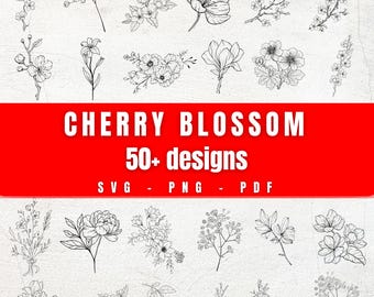 Cherry Blossom Floral Line Art Bundle | 50+ Botanical Clipart | SVG PNG PDF | Hand Drawn Flowers for Cricut, Sublimation, Tattoo