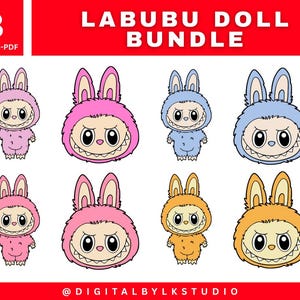 May include: A bundle of eight Labubu doll designs in various colors, including pink, blue, and orange. Each doll has a distinctive bunny-like hood and a wide, toothy grin. The text "LABUBU DOLL BUNDLE" is displayed at the top.