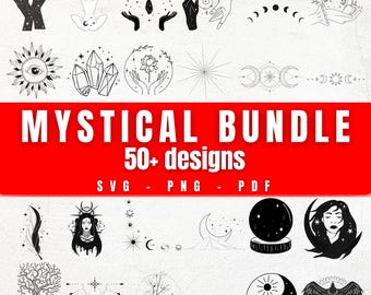 May include: A set of 50+ mystical design illustrations in black and white. The designs include celestial bodies, crystals, hands, and other mystical symbols. The text "Mystical Bundle 50+ designs SVG - PNG - PDF" is displayed on a red background.