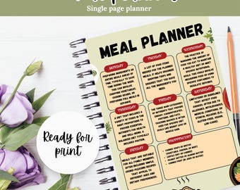 Puede incluir: Un planificador de comidas colorido con un diseño semanal. Cada día de la semana tiene una descripción del proceso de planificación de comidas. El planer incluye una lista de compras y una sección para pautas dietéticas.