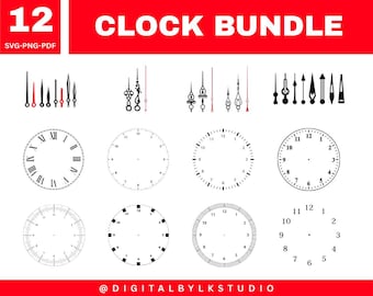 12種類の時計の文字盤と針のSVGバンドル | 時計のクリップアートPNG PDF | Cricut、レーザーカット、工芸、DIYプロジェクト用の時計テンプレート