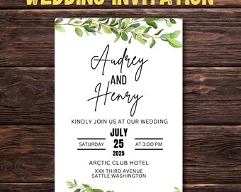 Invitación de boda en verde salvia, invitación de boda en dorado, plantilla de invitación de boda, tarjetas de boda, invitaciones de boda, invitaciones de boda