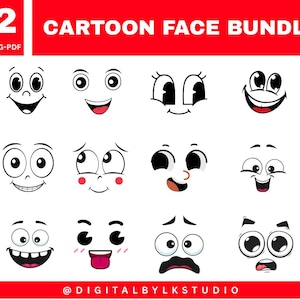 Könnte beinhalten: Eine Sammlung von 12 Cartoon-Gesichtsdesigns mit verschiedenen Ausdrücken, darunter lächelnde, zwinkernde und überraschte Gesichter. Der Text "CARTOON FACE BUNDLE" wird oben angezeigt, darunter "SVG-PNG-PDF". Der untere Teil des Bildes zeigt den Text "@DIGITALBYLKSTUDIO".