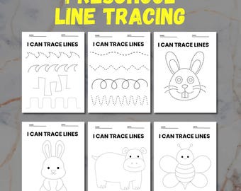 Puede incluir: Seis hojas de actividades de trazado de líneas preescolares en blanco. Cada hoja tiene el texto "I CAN TRACE LINES" e incluye ejercicios de trazado, incluyendo líneas onduladas, formas y contornos de animales.