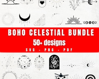 Pacchetto Boho Celestial SVG / Oltre 50 disegni di Sole, Luna e Stelle / Clipart Spirituali / SVG PNG PDF per Cricut, Sublimazione, Wall Art e Adesivi