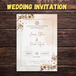 Beige Watercolor Flower Editable Wedding Invitation Template | Printable Wedding Invite | Canva Template | Instant Download