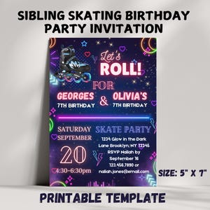 Sibling roller skating birthday party invite, roller disco party birthday invitation editable template, Kids Skate Birthday Digital Invite