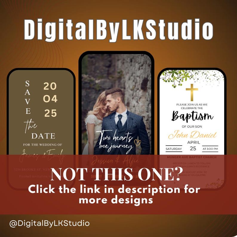 May include: Three digital invitations for a wedding, baptism, and save the date. The wedding invitation features a couple in a forest setting with the text "Two hearts one journey". The baptism invitation features a cross with green leaves and the text "Please join us as we celebrate the Baptism of our son John Daniel". The save the date invitation features a gold background with the text "Save the Date for the wedding of Jessica & Alfie".