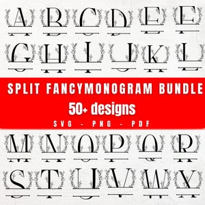May include: A collection of split fancy monogram designs in a bundle. Each letter of the alphabet is displayed in a black, elegant font, framed by floral elements. The bundle includes over 50 designs in SVG, PNG, and PDF formats.