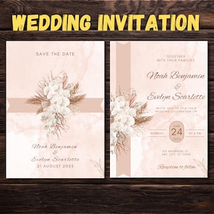 Convite de casamento estético floral marrom, modelo de convite de casamento para impressão Canva, cartões de casamento, RSVP de casamento, convite de casamento digital