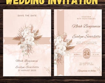 Invitación de boda estética floral marrón, plantilla de Canva para invitación de boda imprimible, tarjetas de boda, RSVP de boda, invitación de boda digital