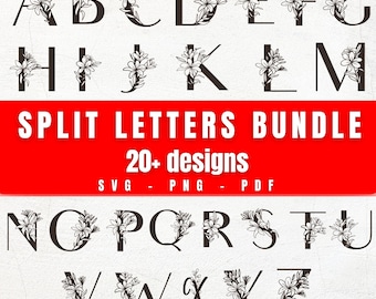 Floral Monogram SVG Bundle, Split Monogram, Last Name Svg, Initial Monogram, Flourish Alphabet Clipart, Split Letter Cut Files Png/Svg/Pdf