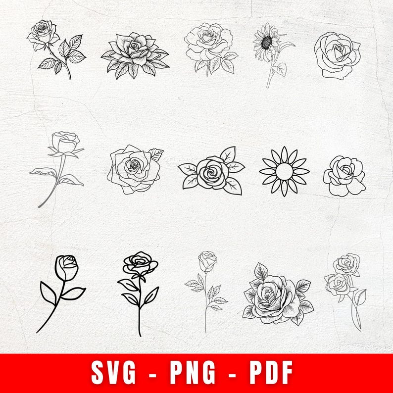 50 Rose Flower SVG Bundle | Rose Line Art Clipart PNG PDF | Floral ...