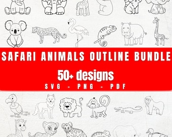 May include: A set of 50+ black and white outline illustrations of safari animals, including an elephant, giraffe, koala, hippopotamus, lion, monkey, zebra, rhino, and duck. The text "SAFARI ANIMALS OUTLINE BUNDLE 50+ designs SVG - PNG - PDF" is displayed on a red background.