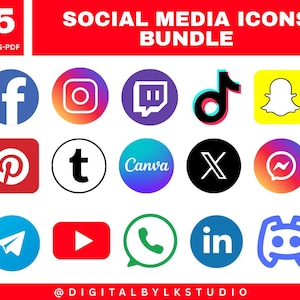 May include: A bundle of 15 social media icons in various colors, including Facebook, Instagram, and Twitter. The icons are arranged on a white background with a red banner at the top that reads "SOCIAL MEDIA ICONS BUNDLE". The file formats are SVG, PNG, and PDF.