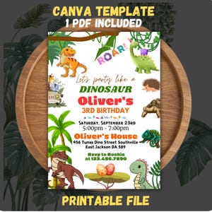 Invitación de cumpleaños de dinosaurio / Invitación editable para fiesta de dinosaurios / Plantilla de cumpleaños infantil / Descarga instantánea / Plantilla de invitación imprimible de T-Rex