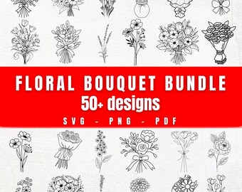 May include: A collection of 50+ black and white floral bouquet designs in SVG, PNG, and PDF formats. The designs feature various types of flowers, including roses, lilies, and daisies.
