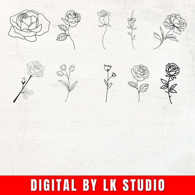 50 Rose Flower SVG Bundle | Rose Line Art Clipart PNG PDF | Floral ...