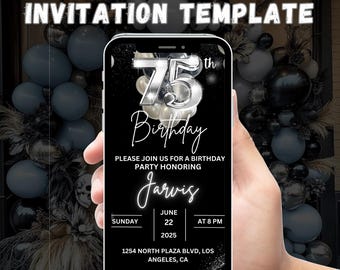 Convite para 75º aniversário, convite para vídeo de aniversário, convite para festa, convite para festa de aniversário, convite digital, convite de aniversário preto e prateado