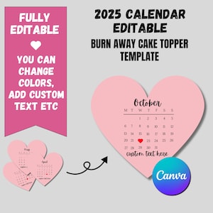 Custom Burn Away Heart Cake Topper Calendar Template, personalized birthday cake topper, decorating cake topper, 2025 calendar cake topper