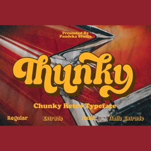 May include: A retro-style typeface called "Thunky" in a bright yellow color with a brown outline. The font is displayed on a red background with a chrome car part. The text "Chunky Retro Typeface" is below the font name. The words "Regular", "Extrude", "Italic", and "Italic Extrude" are below the text.