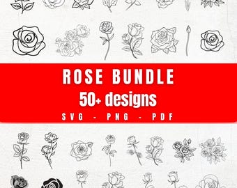Pacchetto di 50 rose in formato SVG / Clipart di rose in formato PNG PDF / Tatuaggi floreali in formato flash / Illustrazioni botaniche di rose / Schizzi digitali di rose
