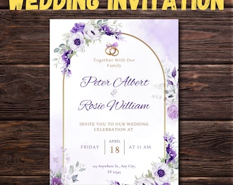 Plantilla de invitación de boda editable con flores en dorado morado / Invitación de boda imprimible / Plantilla de Canva / Descarga instantánea