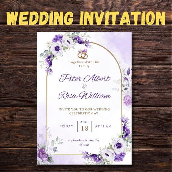 Purple Gold Floral Editable Wedding Invitation Template | Printable Wedding Invite | Canva Template | Instant Download