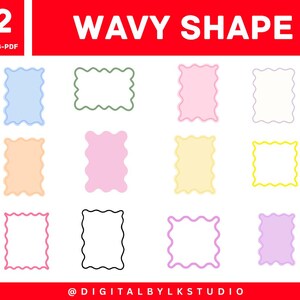 Könnte beinhalten: Eine digitale Grafik mit zwölf wellenförmigen Formen in verschiedenen Farben, darunter Blau, Rosa und Gelb. Die Formen sind in einem Raster vor einem weißen Hintergrund angeordnet, mit dem Text "WAVY SHAPE" oben und "12 SVG-PNG-PDF" links oben.