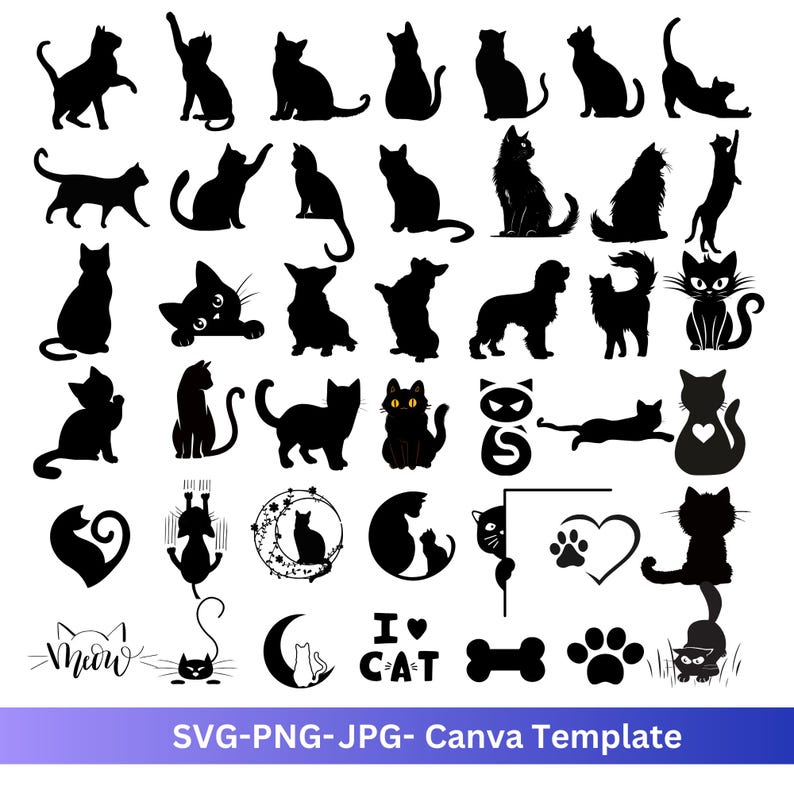 Pu&ograve; includere: Una collezione di illustrazioni di gatti in silhouette nera in varie pose, tra cui seduti, dormienti, che giocano e saltano. Le illustrazioni sono perfette per progetti di artigianato, scrapbooking e design digitale.