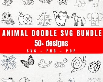 Animal Doodle svg Bundle | 50+ Cute Hand-Drawn Animal Clipart | Kawaii Line Art for Cricut, Sublimation, Stickers, PNG PDF SVG | Kids Bundle