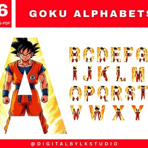 Puede incluir: Un conjunto de alfabeto digital con el personaje Goku de Dragon Ball Z. Las letras están diseñadas con una combinación de colores amarillo y naranja, con la imagen de Goku incorporada en cada letra. El conjunto incluye 26 letras en formatos SVG, PNG y PDF.