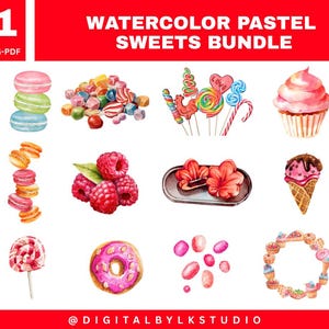 Watercolor Sweets Clipart Bundle | Candy Cupcake Donut Ice Cream SVG PNG PDF | Cute Pastel Dessert Graphics for Stickers & Crafts