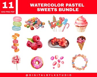 Watercolor Sweets Clipart Bundle | Candy Cupcake Donut Ice Cream SVG PNG PDF | Cute Pastel Dessert Graphics for Stickers & Crafts