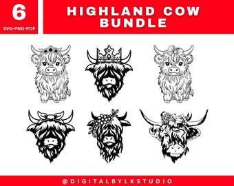Highland Cow Clipart Bundle – 6 Rustic Cow Designs SVG PNG PDF, Highland Cattle Graphics, Farm Animal Digital Download