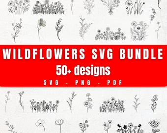 Wildflower SVG Bundle, Flower Meadow SVG, Flower Border SVG, Minimalist Flower Bouquet, Wildflower Clipart, Hand Drawn Floral Illustrations
