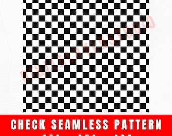Può includere: Un motivo a scacchi in bianco e nero riempie l'inquadratura. Il motivo è composto da quadrati distanziati in modo uniforme. Sotto il motivo, un banner rosso mostra il testo "CHECK SEAMLESS PATTERN" con "SVG - PNG - PDF" sotto.