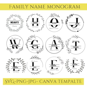 Apellido SVG, monograma de nombre, letras divididas SVG, arte de pared de cocina, paquete SVG floral, impresión familiar, monograma de apellido, descarga digital