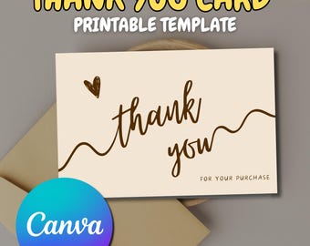 May include: A printable thank you card template with a brown handwritten "thank you" and a small heart in the top left corner. The text "FOR YOUR PURCHASE" is at the bottom of the card.