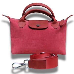 Red Suede Mini Bag with Adjustable Strap – Genuine Leather Accent Crossbody