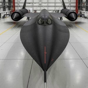 Puede incluir: Un avión negro SR-71 Blackbird, un avión de reconocimiento estratégico de largo alcance y Mach 3+. El avión tiene un diseño elegante y aerodinámico con dos grandes góndolas de motor y una distintiva nariz puntiaguda. Se ven marcas rojas en el fuselaje.