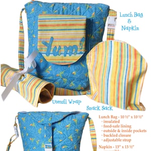 Lucy's Lunch Bunch Pattern includes lunch bag w/adjustable strap,ripstop nylon-lining(food safe),reversible napkin,snack bag,& utensil wrap.