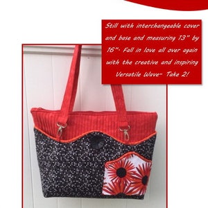 May include: A red and black tote bag with a wave design and a floral pocket. The bag measures 13 inches by 16 inches. The pattern is called "Versatile Wave - Take 2!" and is by Ruthann Stilwell.
