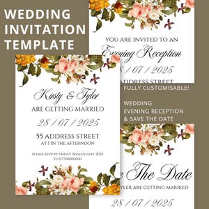 PERSONALISIERBARE Blumen Hochzeitseinladung Vorlagen Set
