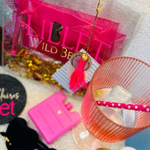 May include: A clear tote bag with a pink package that reads "LILLET WILD BERRY". The image also shows a pink ice pack, a pink and white striped glass, and a black heart-shaped object.